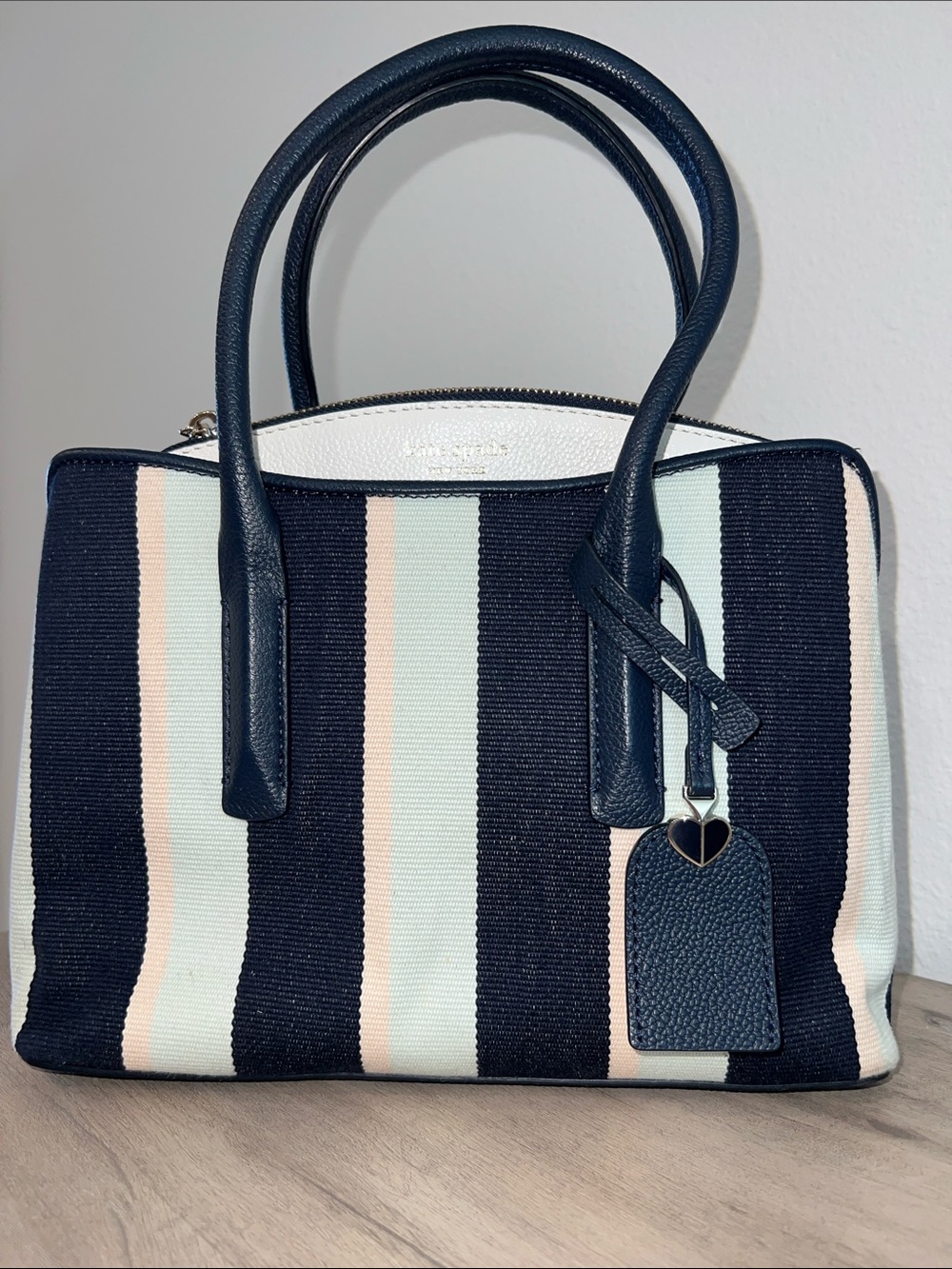 kate spade Navy, White, Blush Striped Satchel